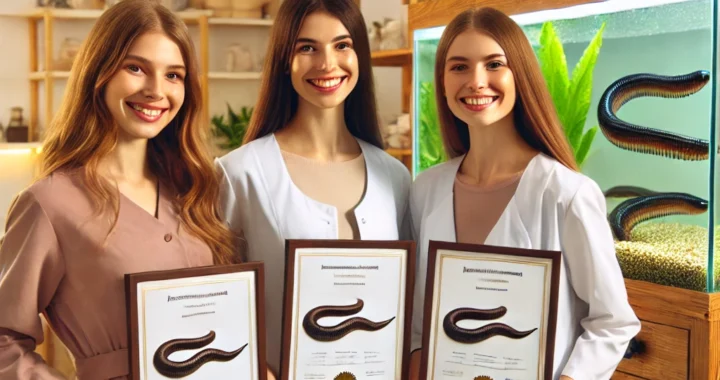 Drie vrolijke Ayurveda-therapeutes tonen trots hun diploma’s in een lichte en vriendelijke praktijkruimte. Aan de rechterkant staat een groot aquarium met bloedzuigers, passend bij hun specialisatie in bloedzuigertherapie.