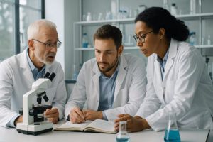 Drie wetenschappers in overleg aan een laboratoriumtafel met een microscoop en notitieboek, symbolisch voor samenwerking en wetenschappelijk onderzoek.